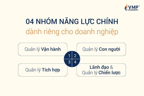 Dựa trên kết quả khảo sát và phân tích hiện trạng, VMP thiết kế Khung năng lực quản lý gồm 4 nhóm chính: Quản lý vận hành, quản lý con người, quản lý tích hợp, Năng lực lãnh đạo & quản lý chiến lược