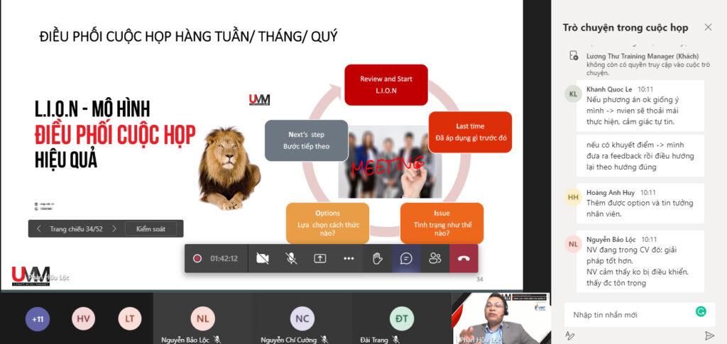 Trainer Phan Hữu Lộc đang chia sẻ về mô hình điều phối cuộc họp hiệu quả LION tại khóa UMM Online.